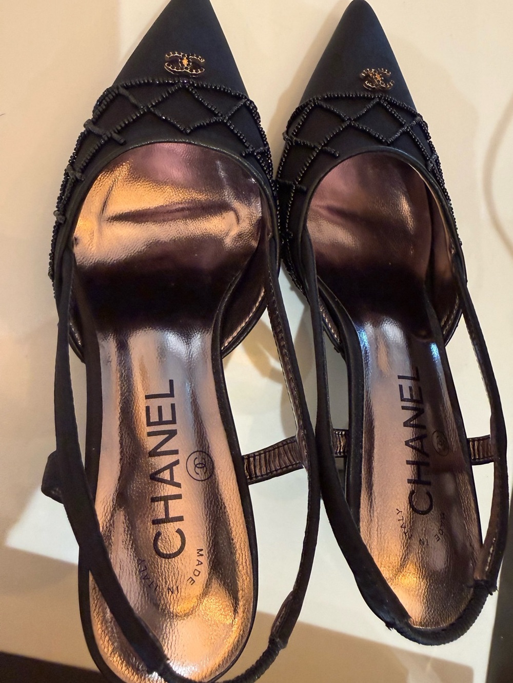 Gently Worn CHANEL Black Beaded Slingback Pointed-Toe Pumps. Vintage! - Picture 6 of 16